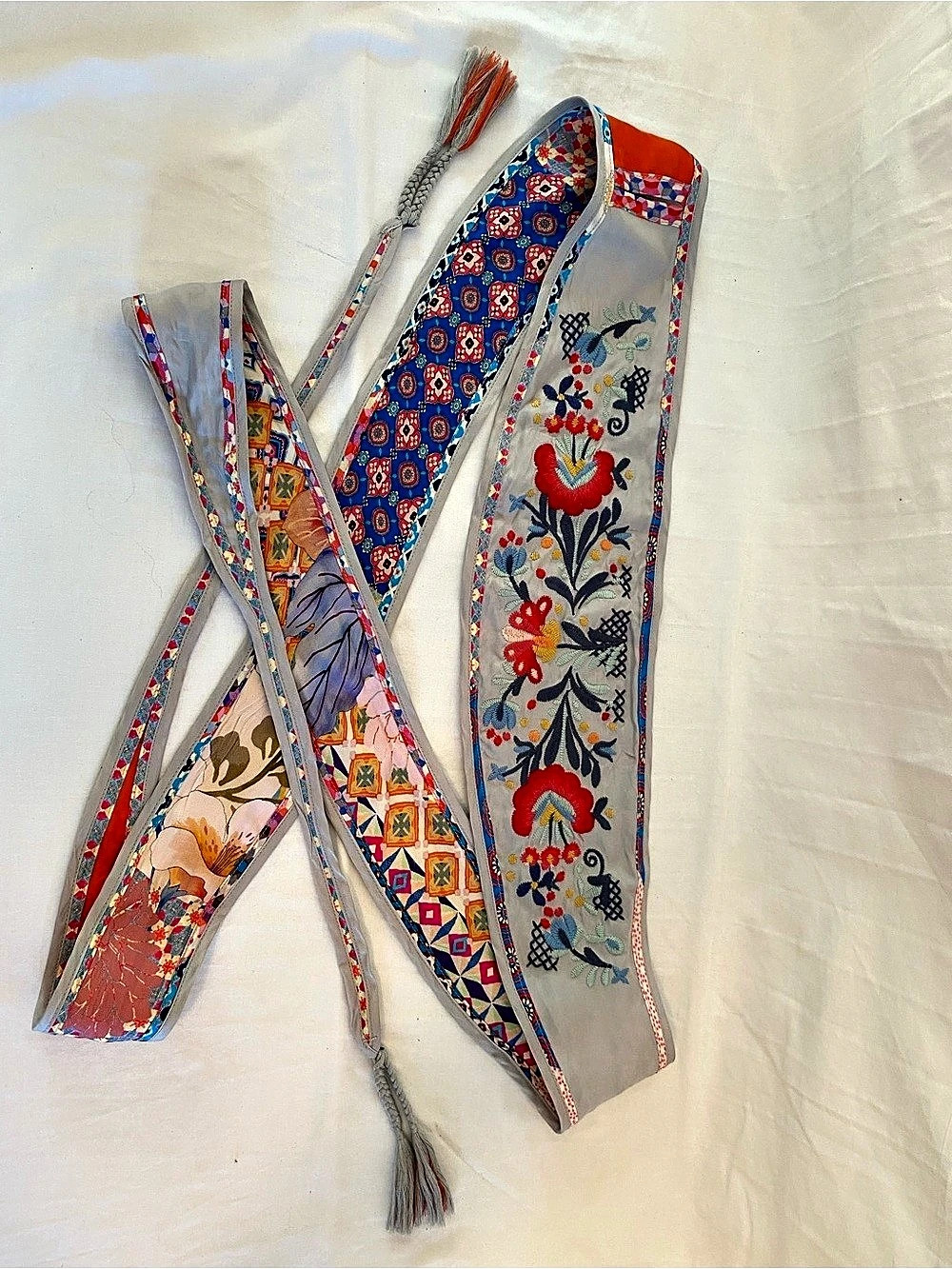 Johnny Was Printed Embroidered Scarf in Blue & Multi Like New